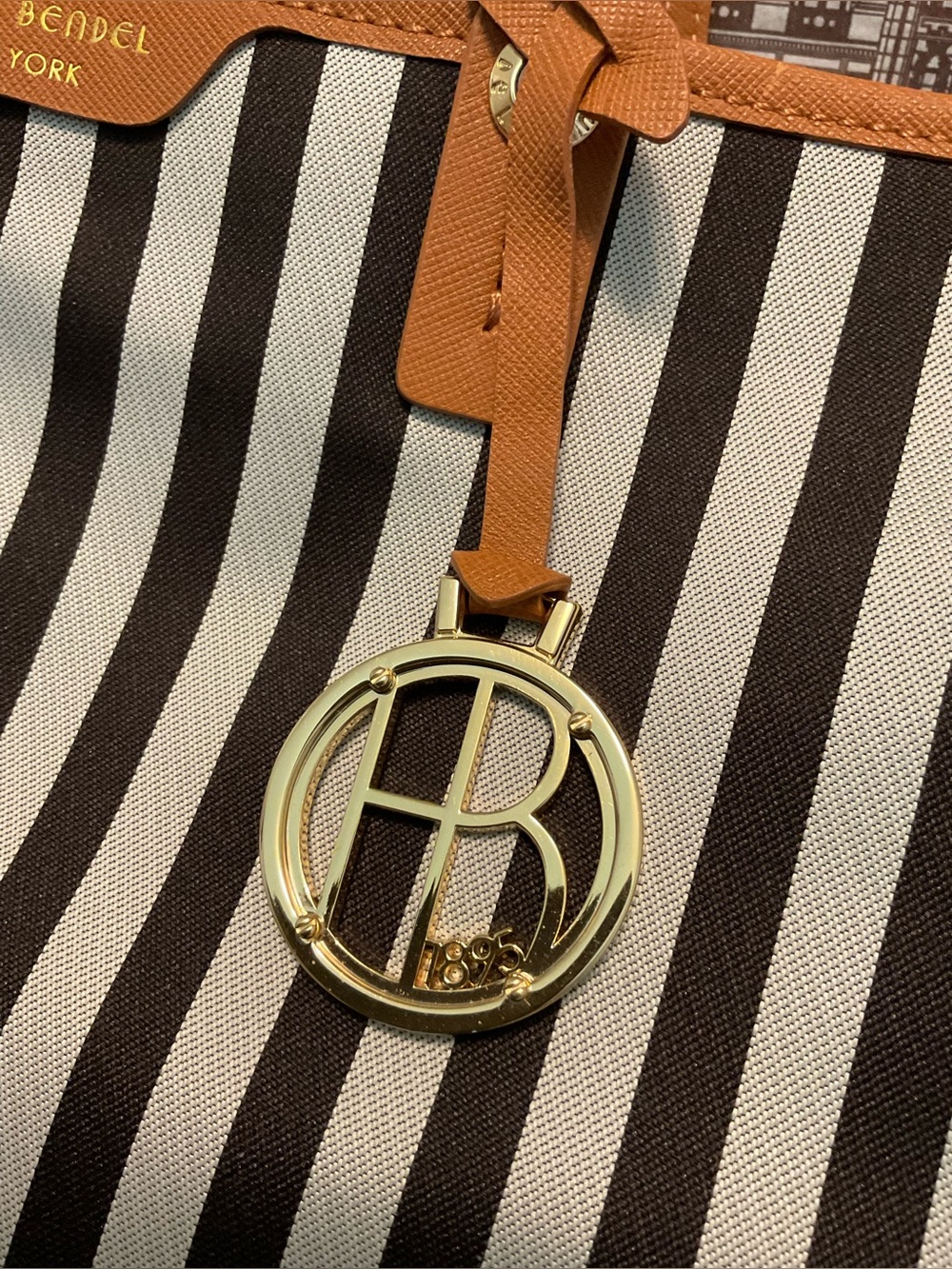 Henri Bendel Mink and Silver Premium Stripe Tote with  Chestnut Saffiano Trim - Picture 4 of 16